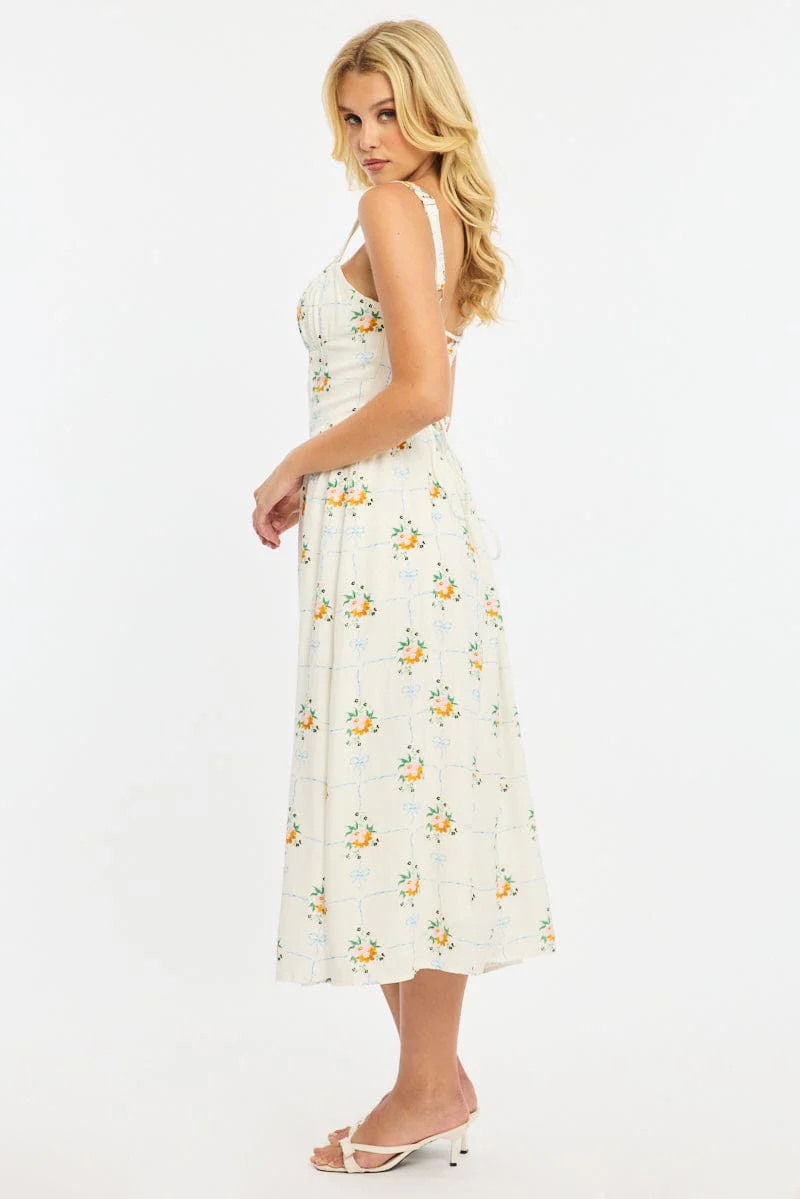 White Floral Midi Dress Gathered Bust Lace Trim - Image 4
