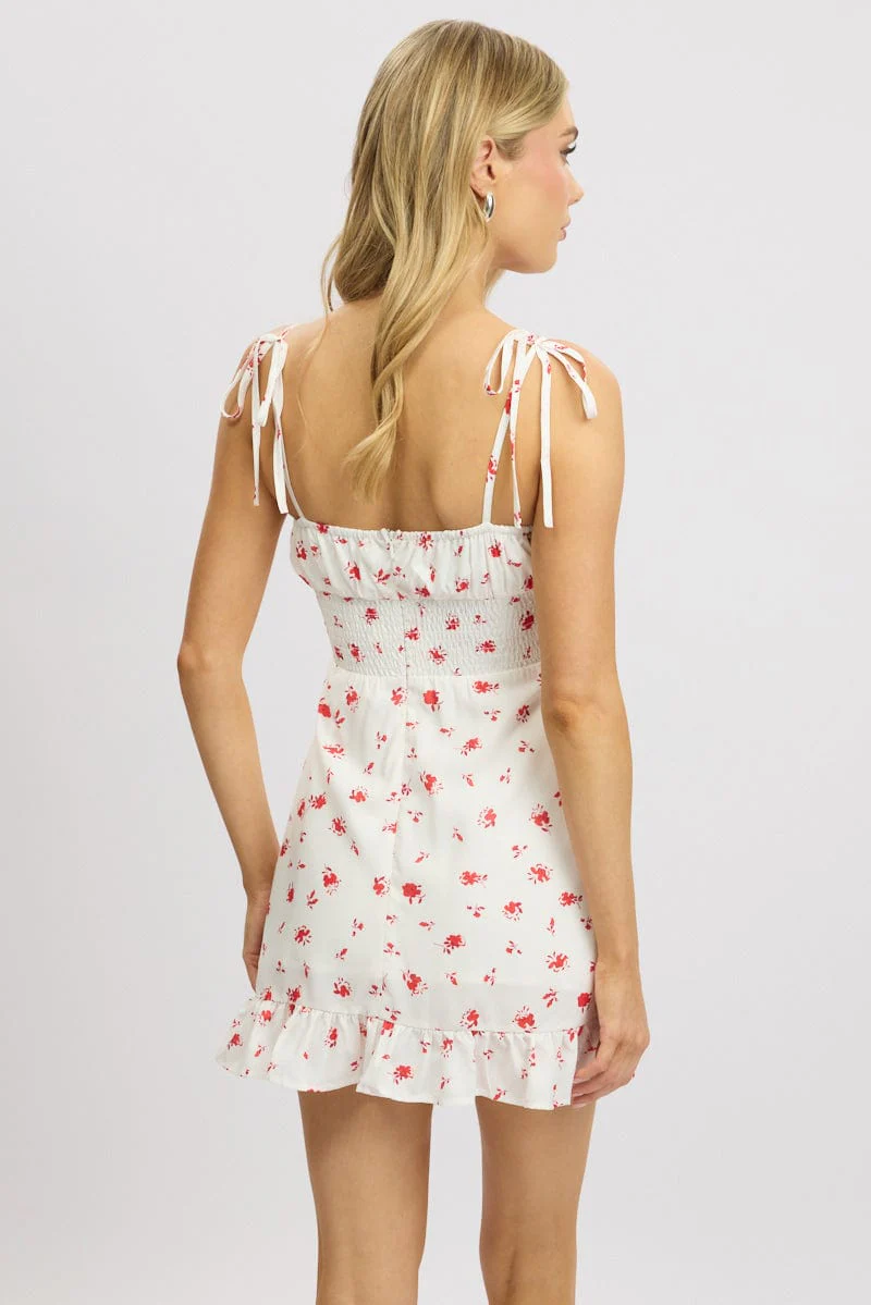 White Floral Mini Dress Frill Neck - Image 5