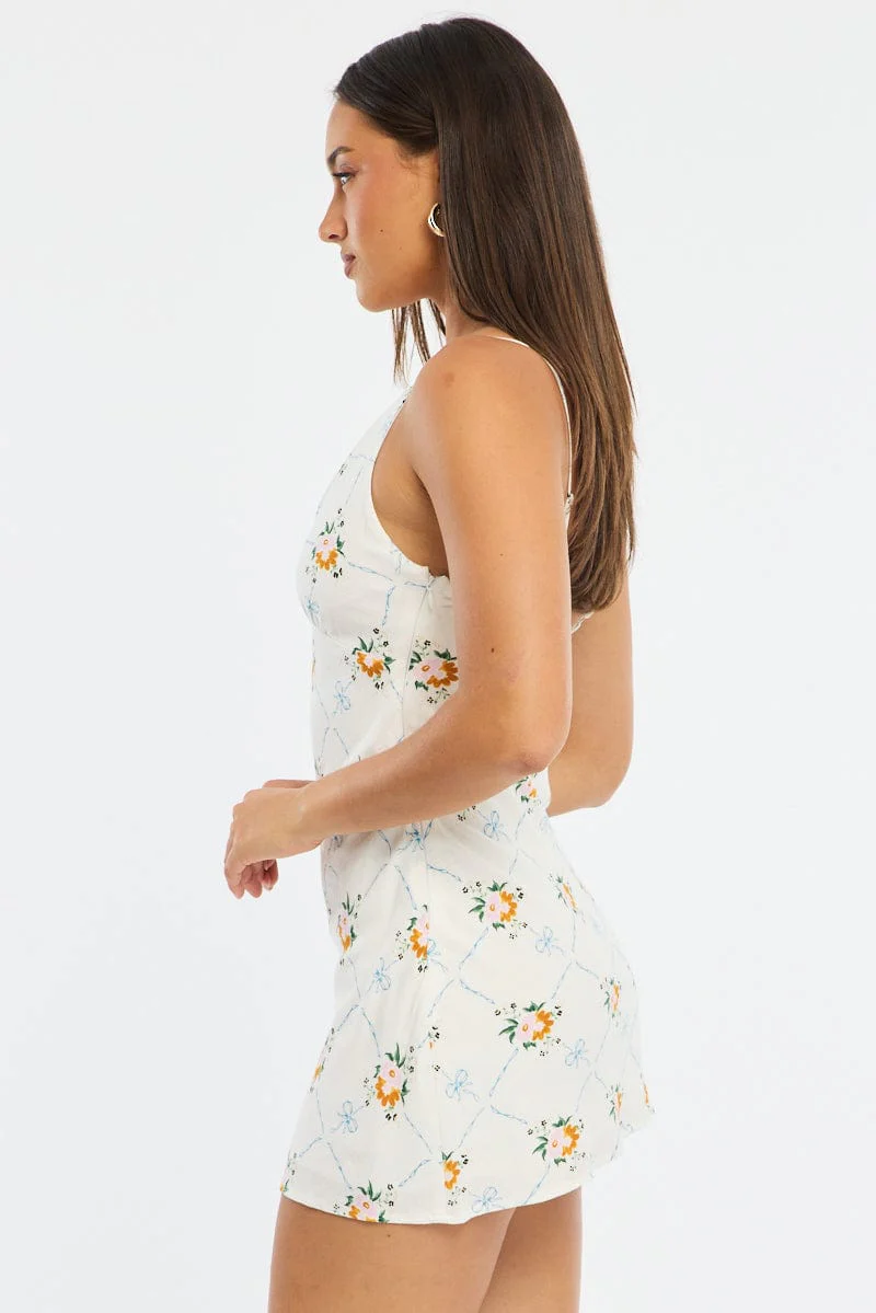 White Floral Mini Dress V-neck - Image 3