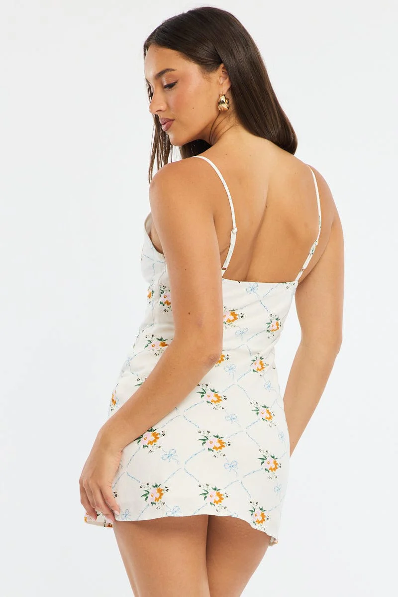White Floral Mini Dress V-neck - Image 4