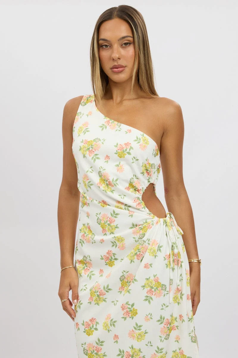 White Floral One Shoulder Midi Dress - Image 2