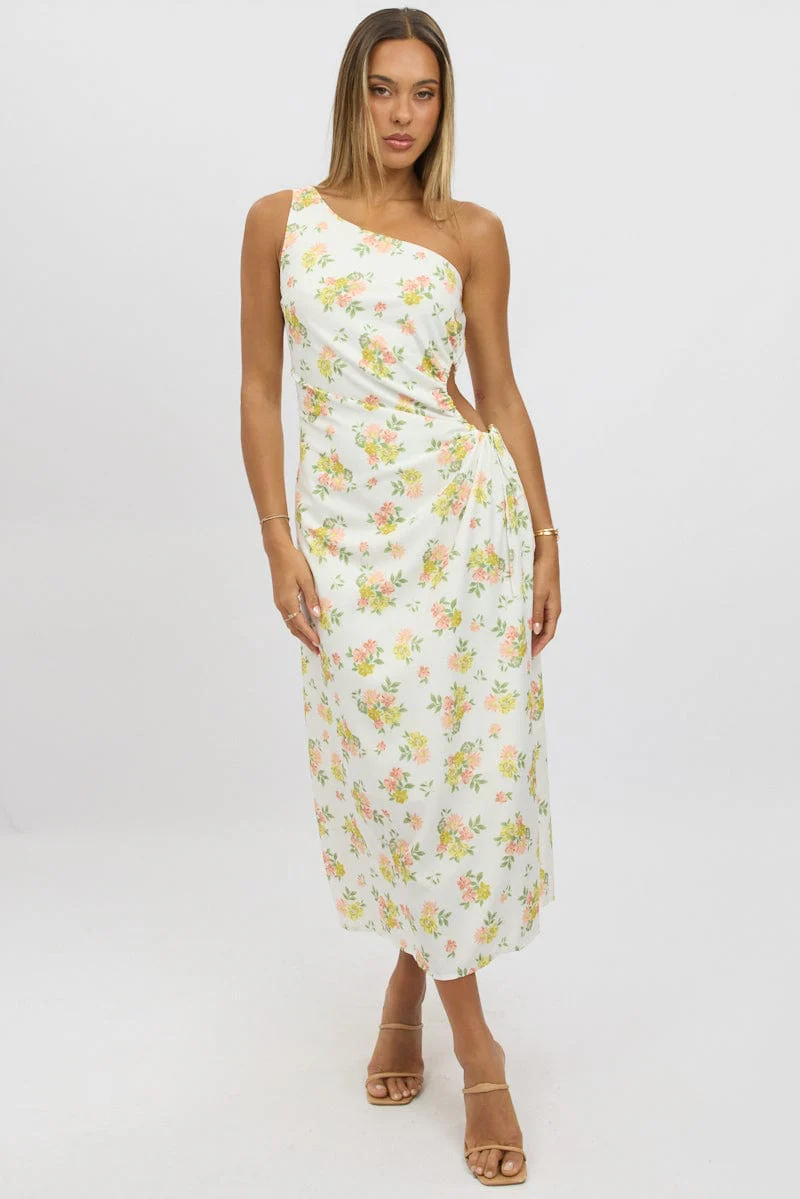 White Floral One Shoulder Midi Dress - Image 3