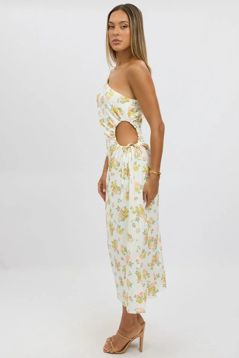 White Floral One Shoulder Midi Dress - Image 4