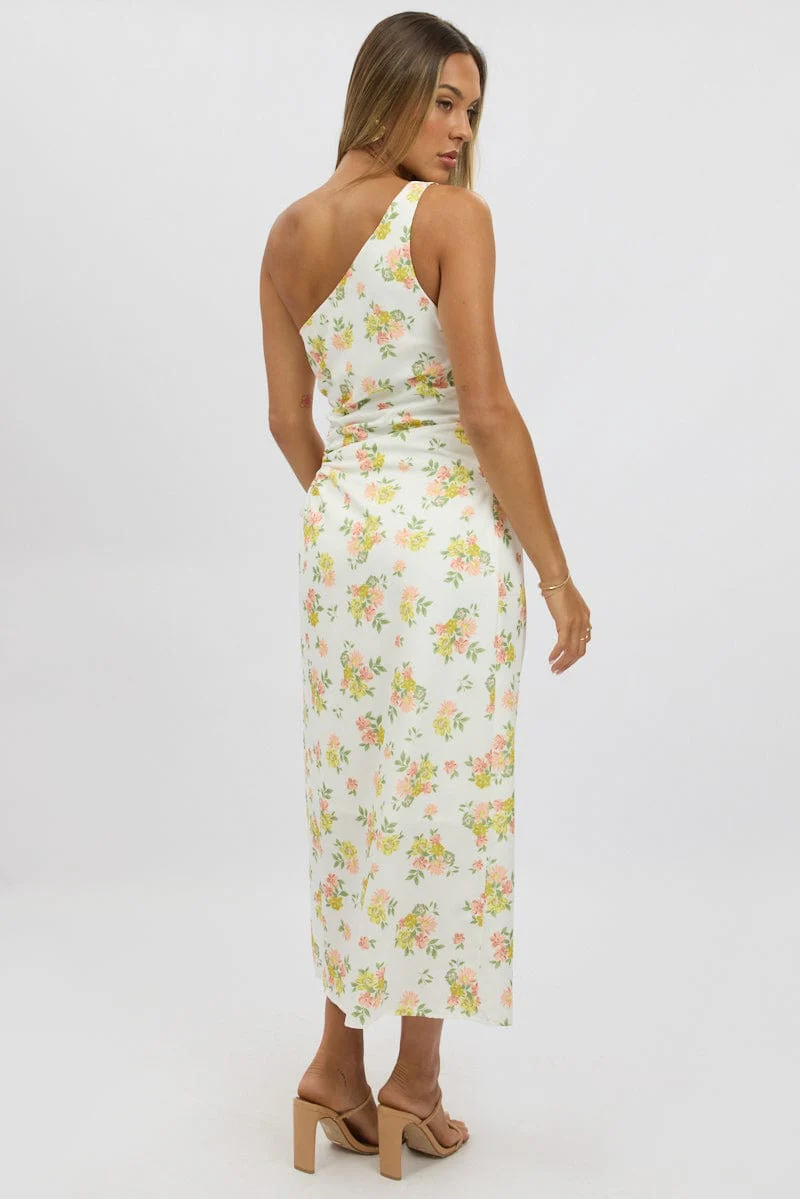 White Floral One Shoulder Midi Dress - Image 5