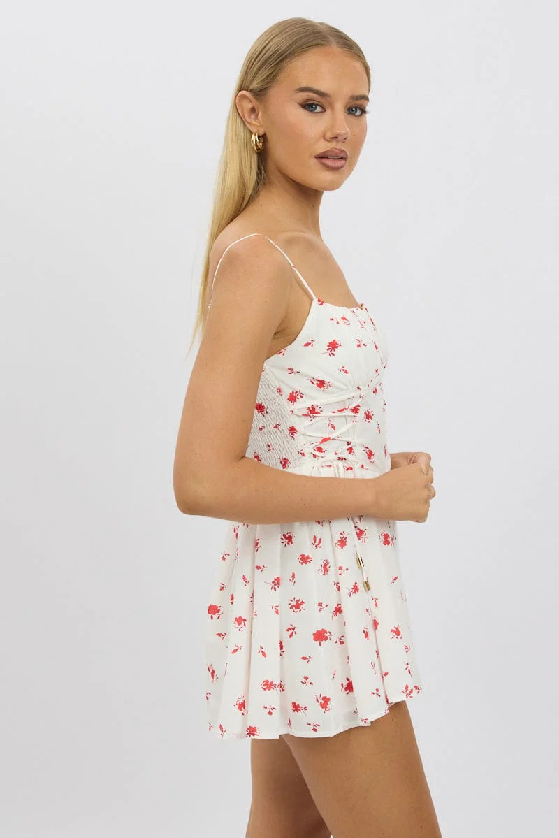 White Floral Playsuit Ruched Bust Strappy - Image 4