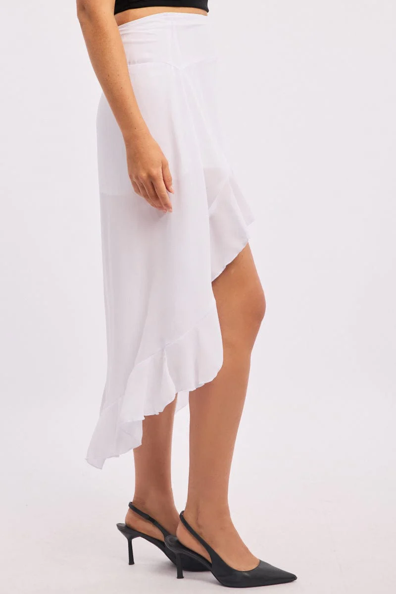 White Frill Skirt High Waisted High Low Midi - Image 3