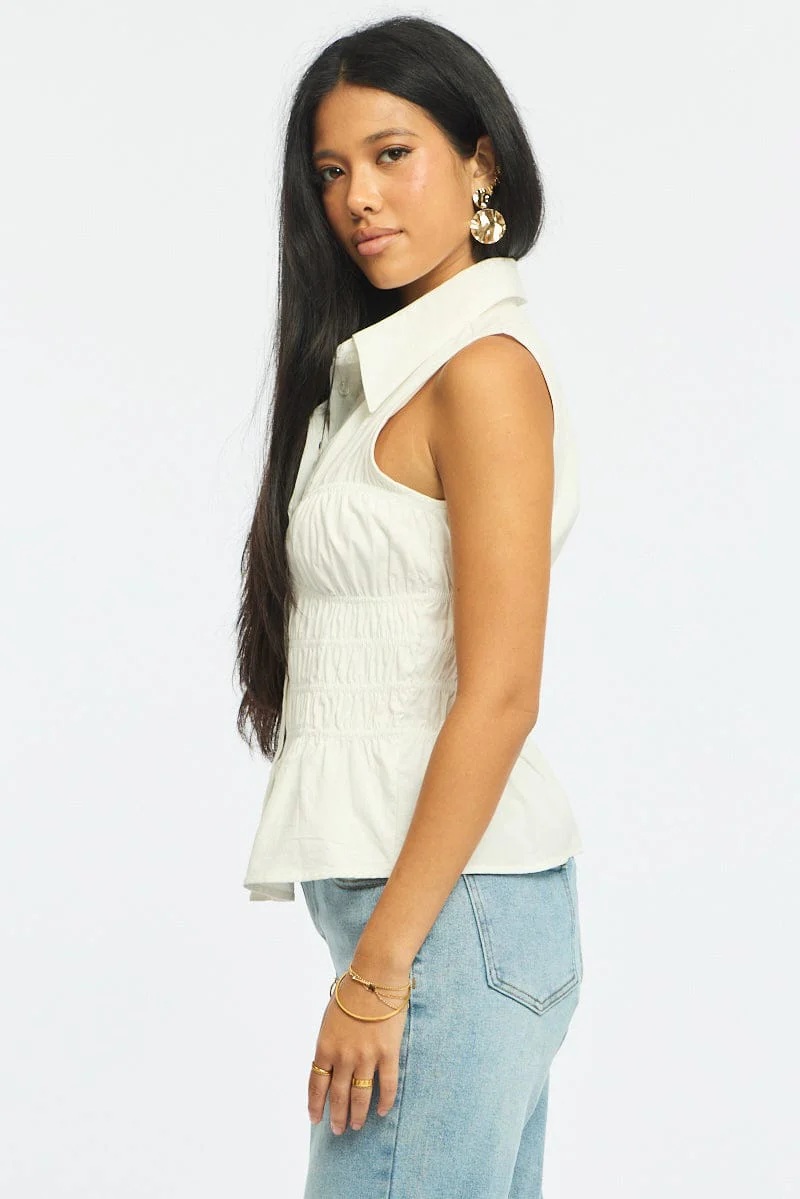 White Gathered Shirt Sleeveless Collared Button Up - Image 3