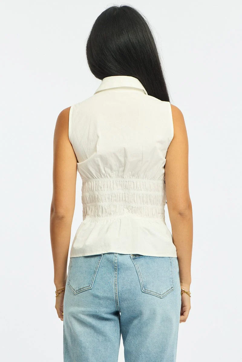 White Gathered Shirt Sleeveless Collared Button Up - Image 4