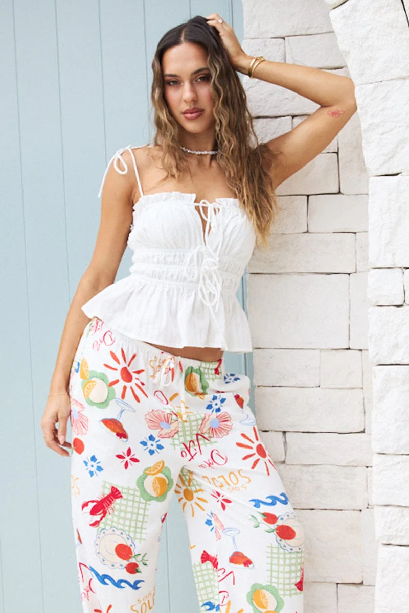 White Gathered Tie Cami Sleeveless Notched Front