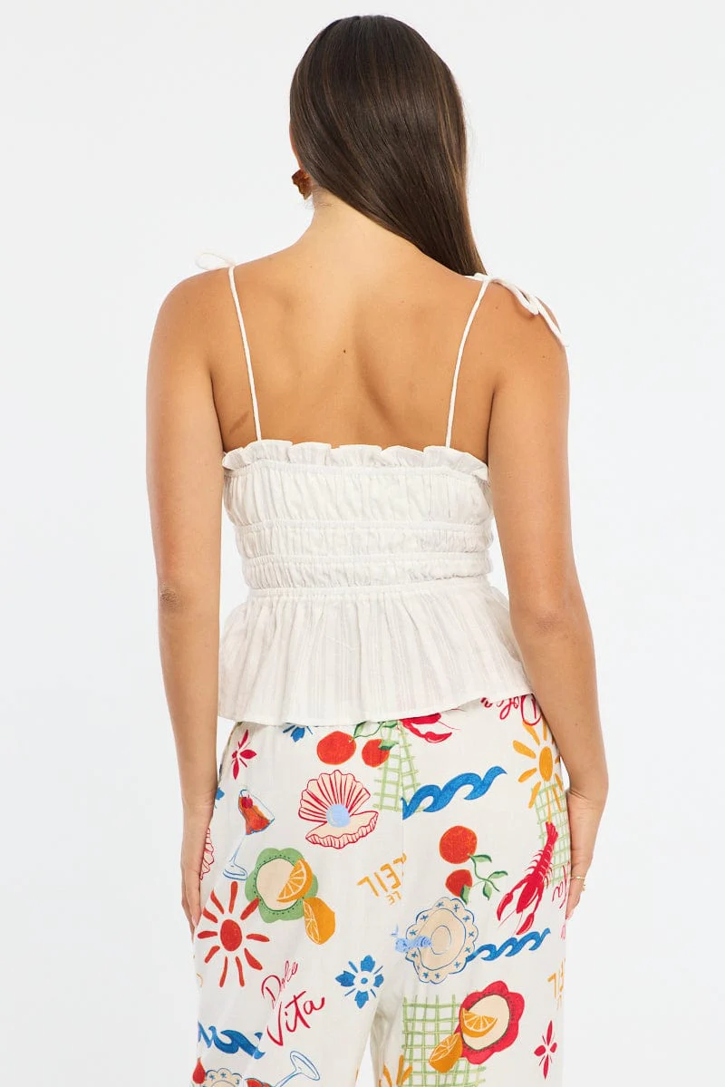 White Gathered Tie Cami Sleeveless Notched Front - Image 5