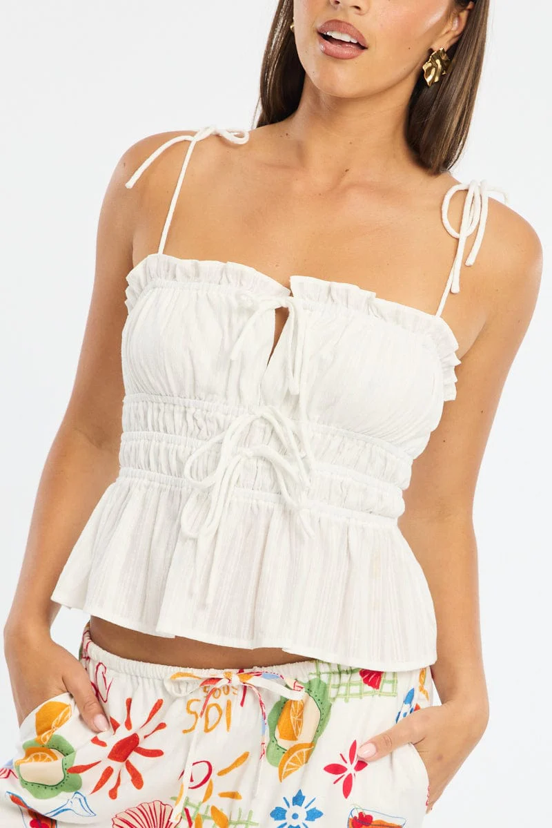 White Gathered Tie Cami Sleeveless Notched Front - Image 6