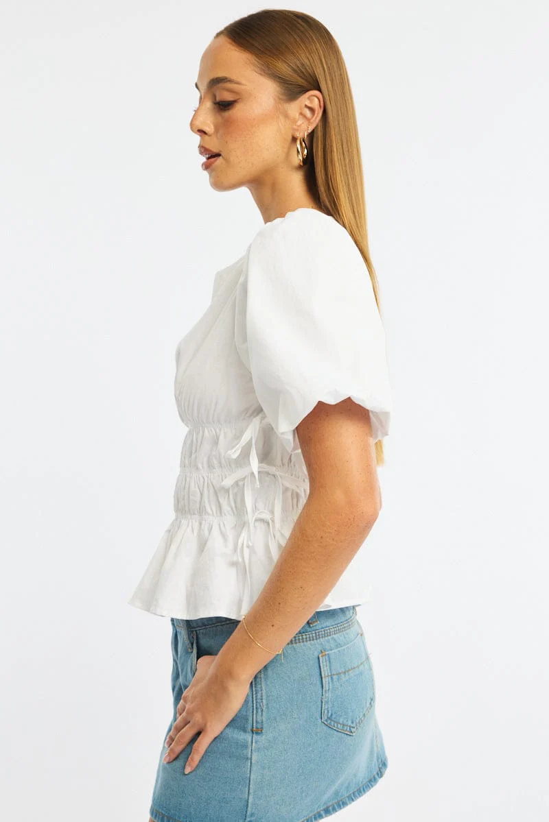 White Gathered Top Boat Neck Short Puff Sleeve - Image 3