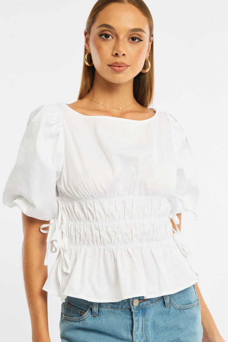 White Gathered Top Boat Neck Short Puff Sleeve - Image 5