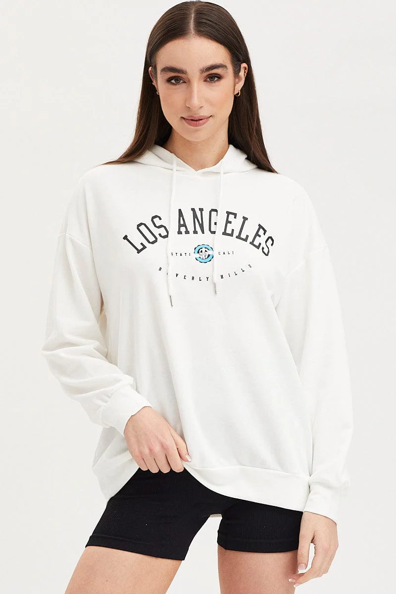 White Graphic Hooded Sweat Long Sleeve Oversized