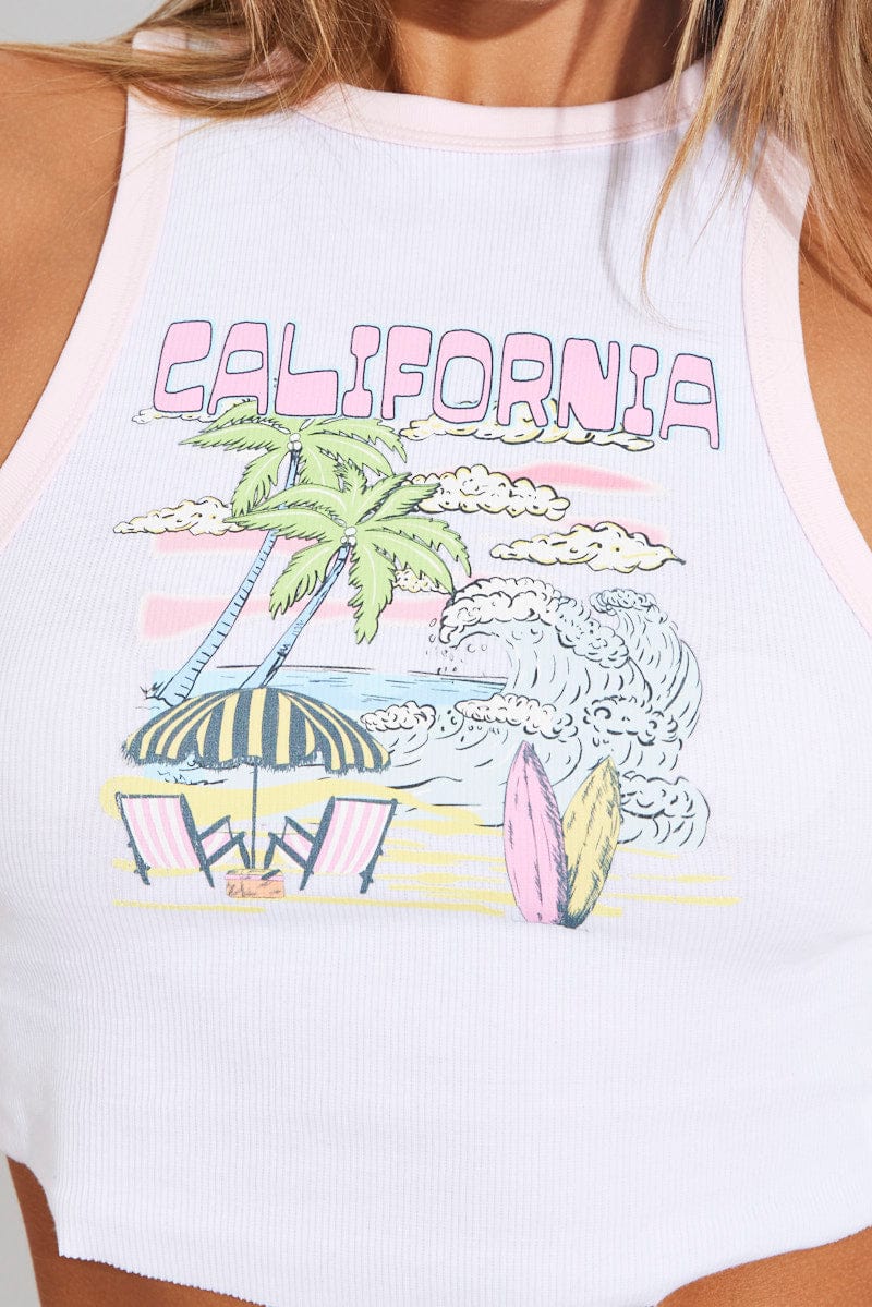 White Graphic Tank Crop Contrast Ringer Singlet Top - Image 6