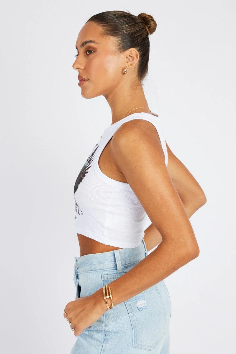 White Graphic Tank Top Eagle Alaska Crop Top - Image 4