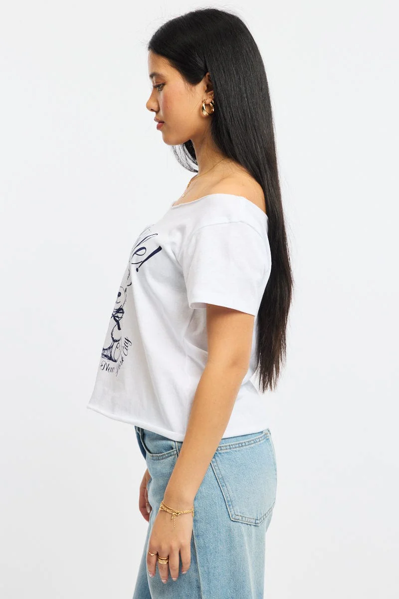 White Graphic Tee Off Shoulder - Image 3