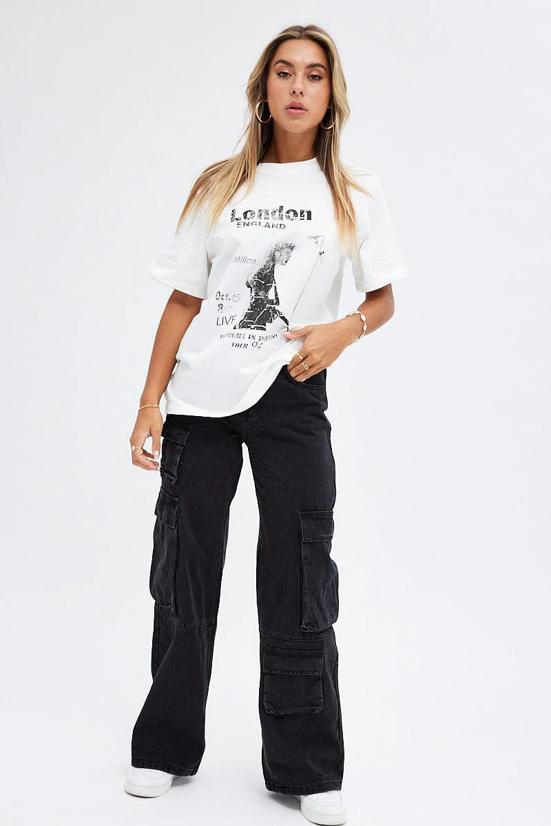 White Graphic Tee Short Sleeve Crew Neck Rock Oversized - Image 2