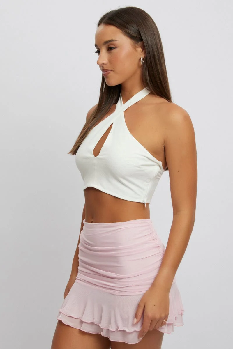 White Halter Neck Crop Top Sleeveless Linen Blend - Image 4
