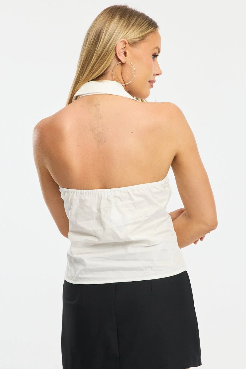 White Halter Shirt Top Sleeveless Collared Button Up - Image 4