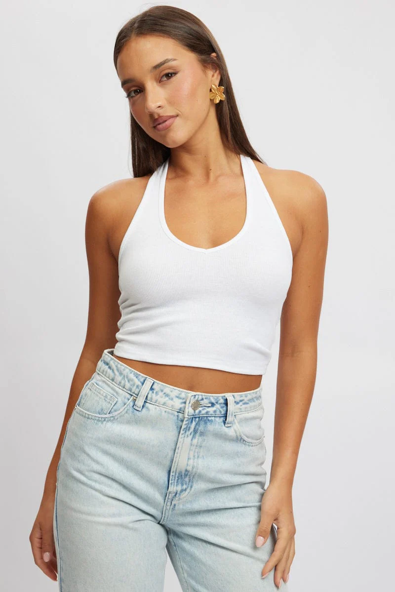 White Halter Top Sleeveless Rib - Image 3