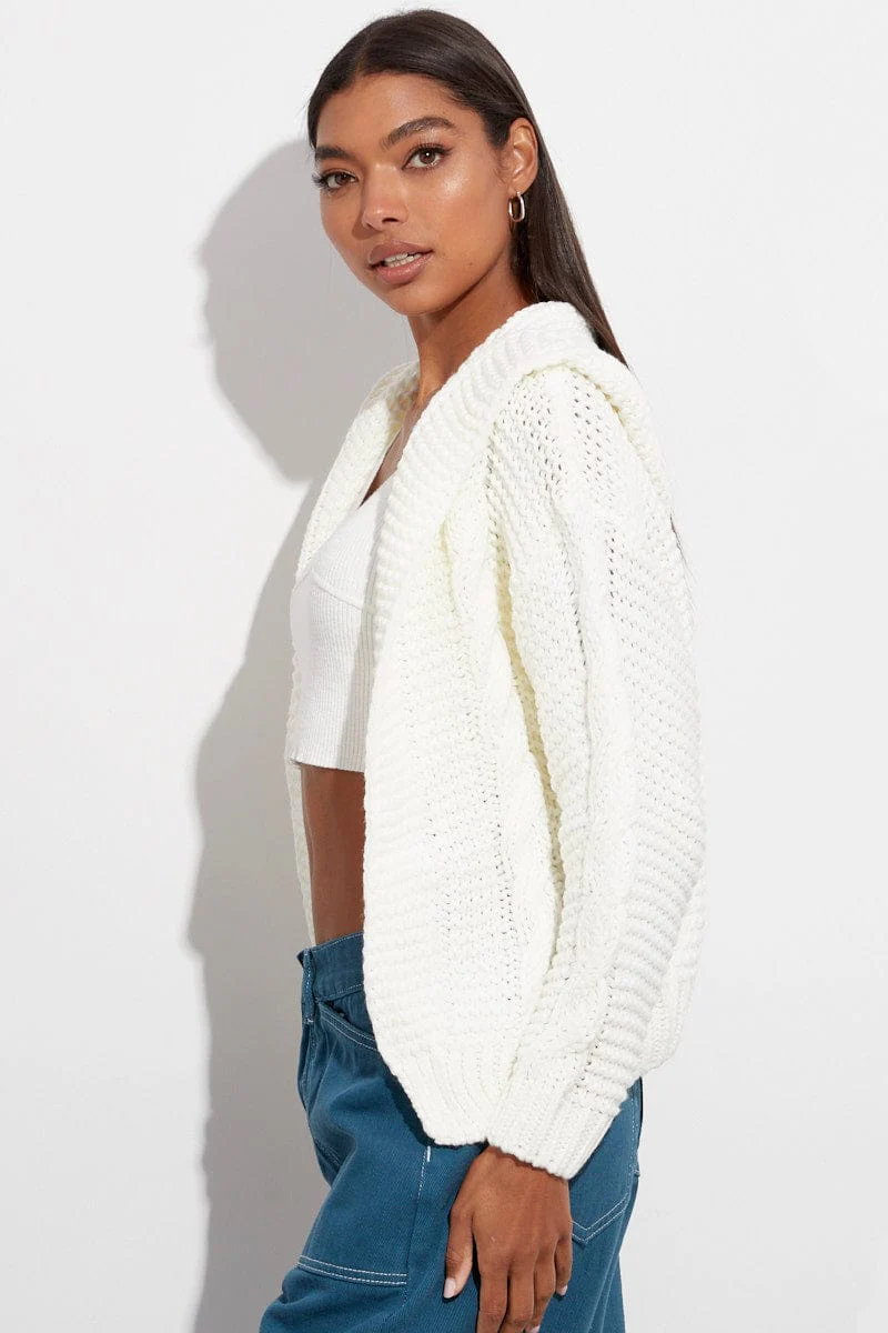 White Hooded Cable Knit Cardigan - Image 4