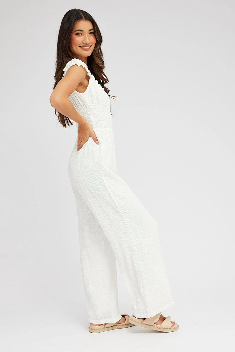 White Jumpsuit Short Sleeve Off Shoulder Shirred Cotton - Image 4