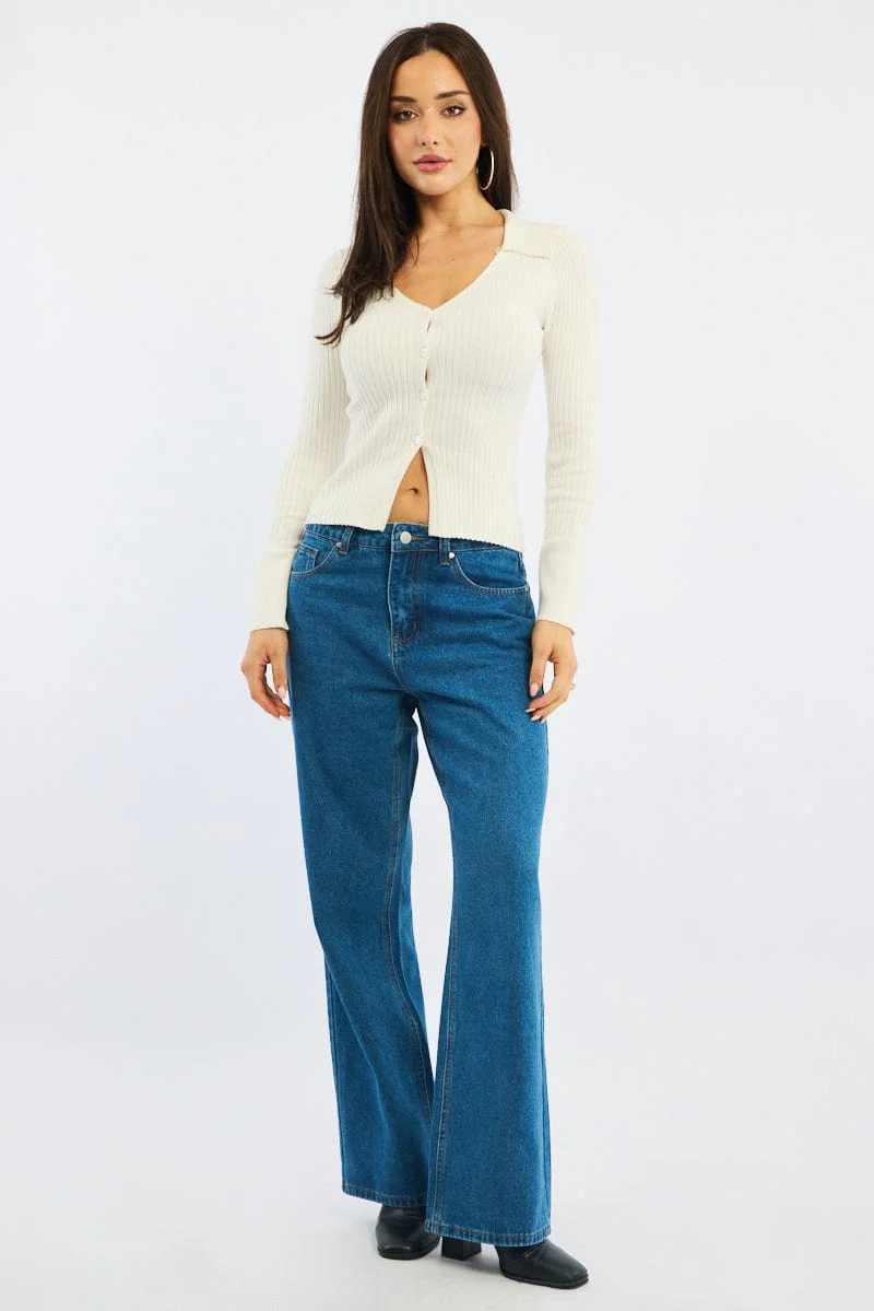 White Knit Cardigan Collar V-neck Long Sleeve - Image 3