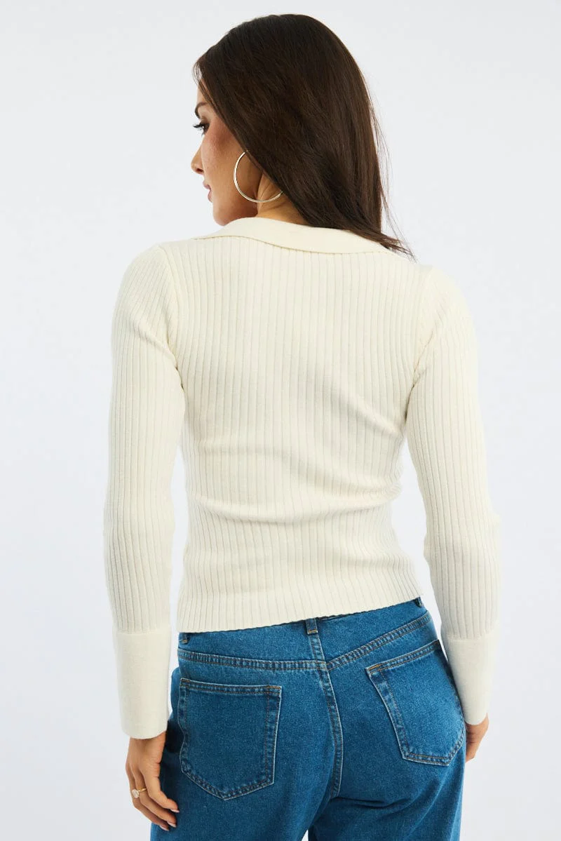 White Knit Cardigan Collar V-neck Long Sleeve - Image 5
