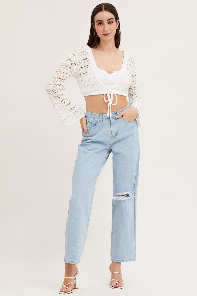 White Knit Cardigan Long Sleeve Crochet - Image 3