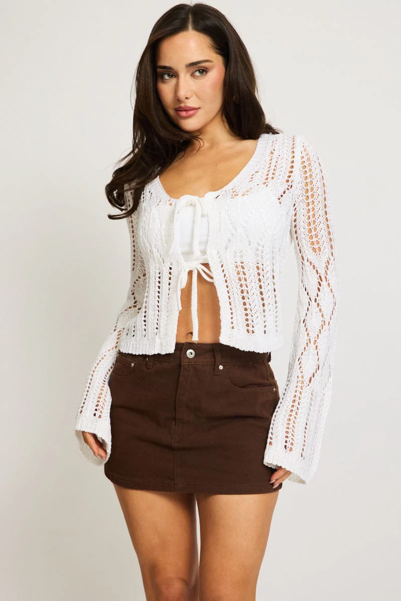White Knit Cardigan Long Sleeve Crochet