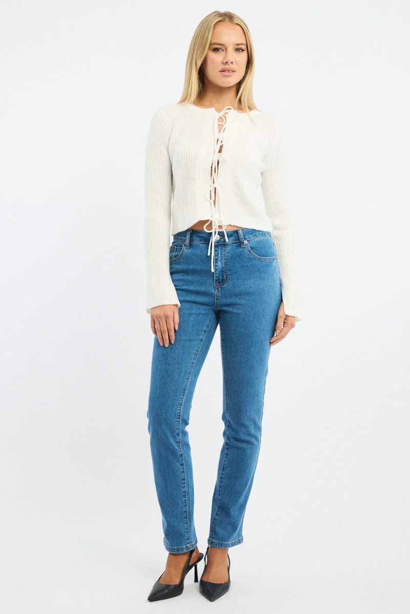 White Knit Cardigan Tie Up Long Sleeve - Image 2