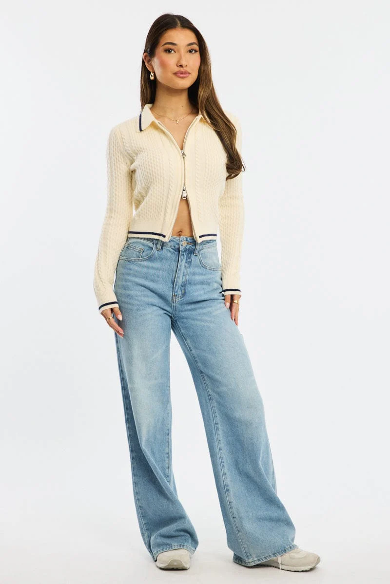 White Knit Jacket Cable Polo Collar Zip-up - Image 2