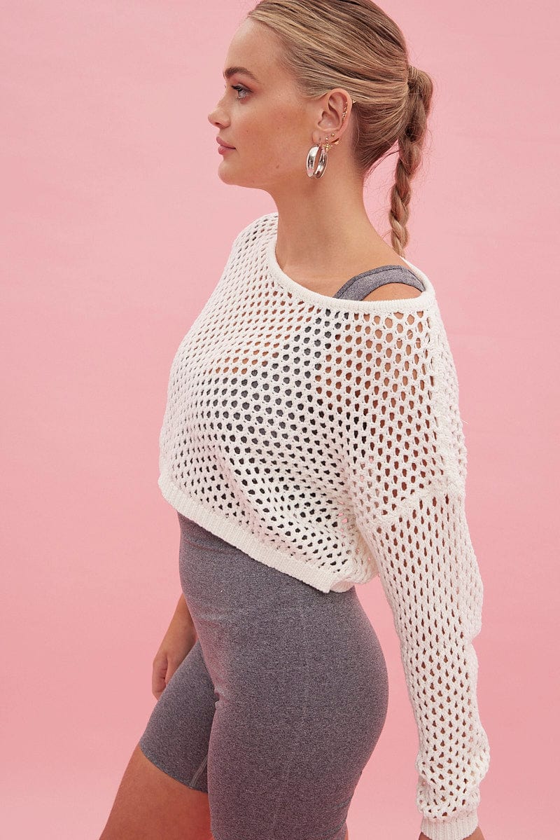 White Knit Jumper Long Sleeve Fishnet - Image 5