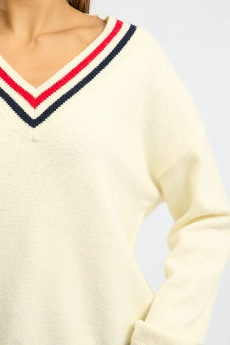 White Knit Jumper Long Sleeve V-neck - Image 5