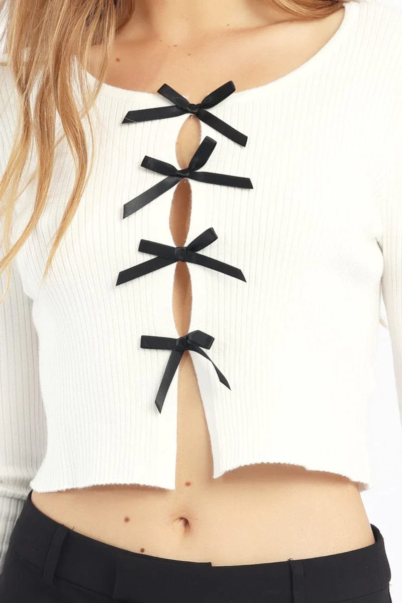 White Knit Top Long Sleeve Front Ribbon - Image 5