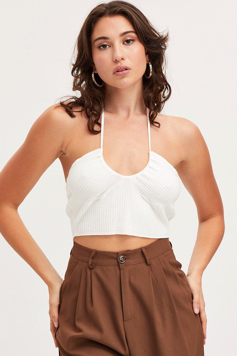 White Knit Top Sleeveless Crop Halter - Image 3