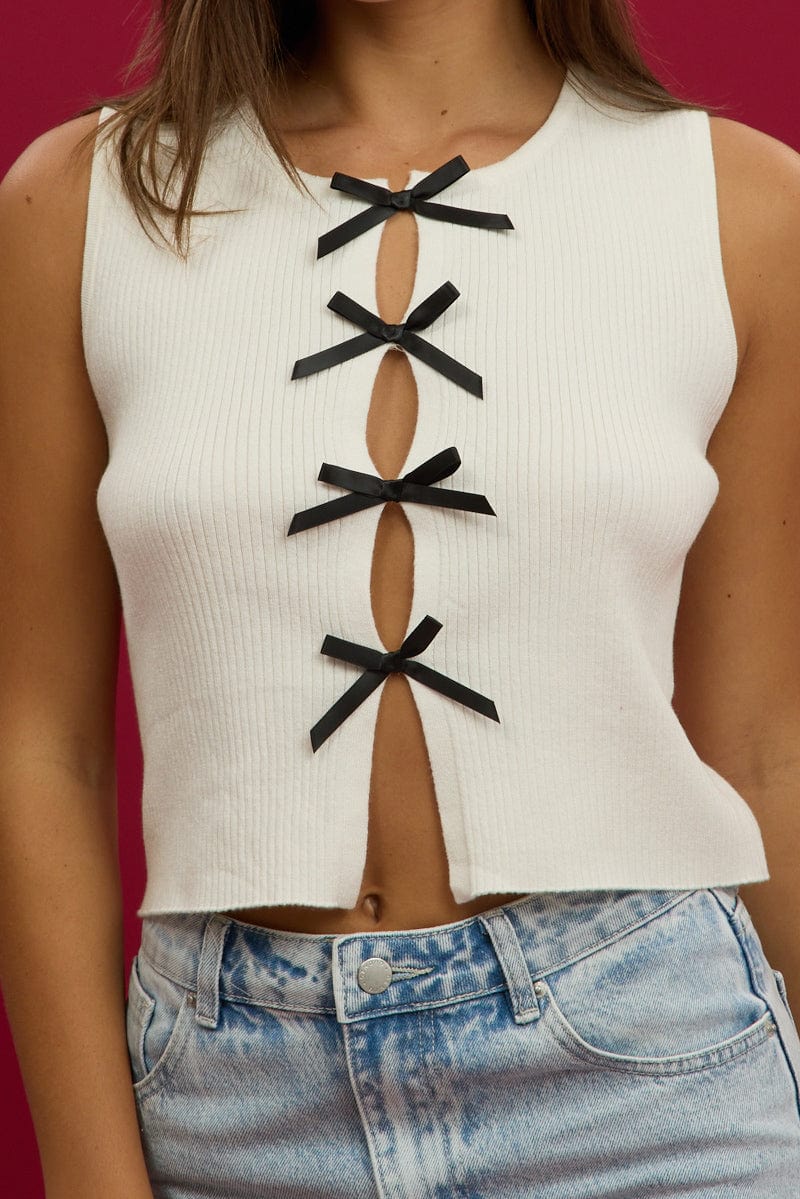 White Knit Top Sleeveless Front Ribbon - Image 6