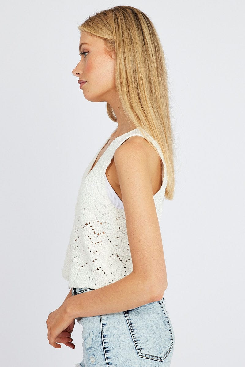White Knit Vest Sleeveless V Neck Crochet Button Up - Image 4