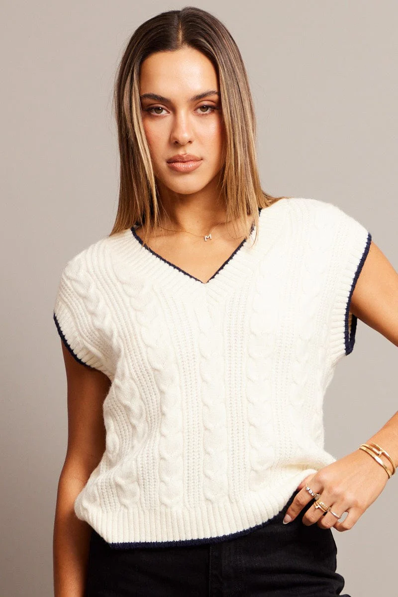 White Knit Vest V Neck - Image 3