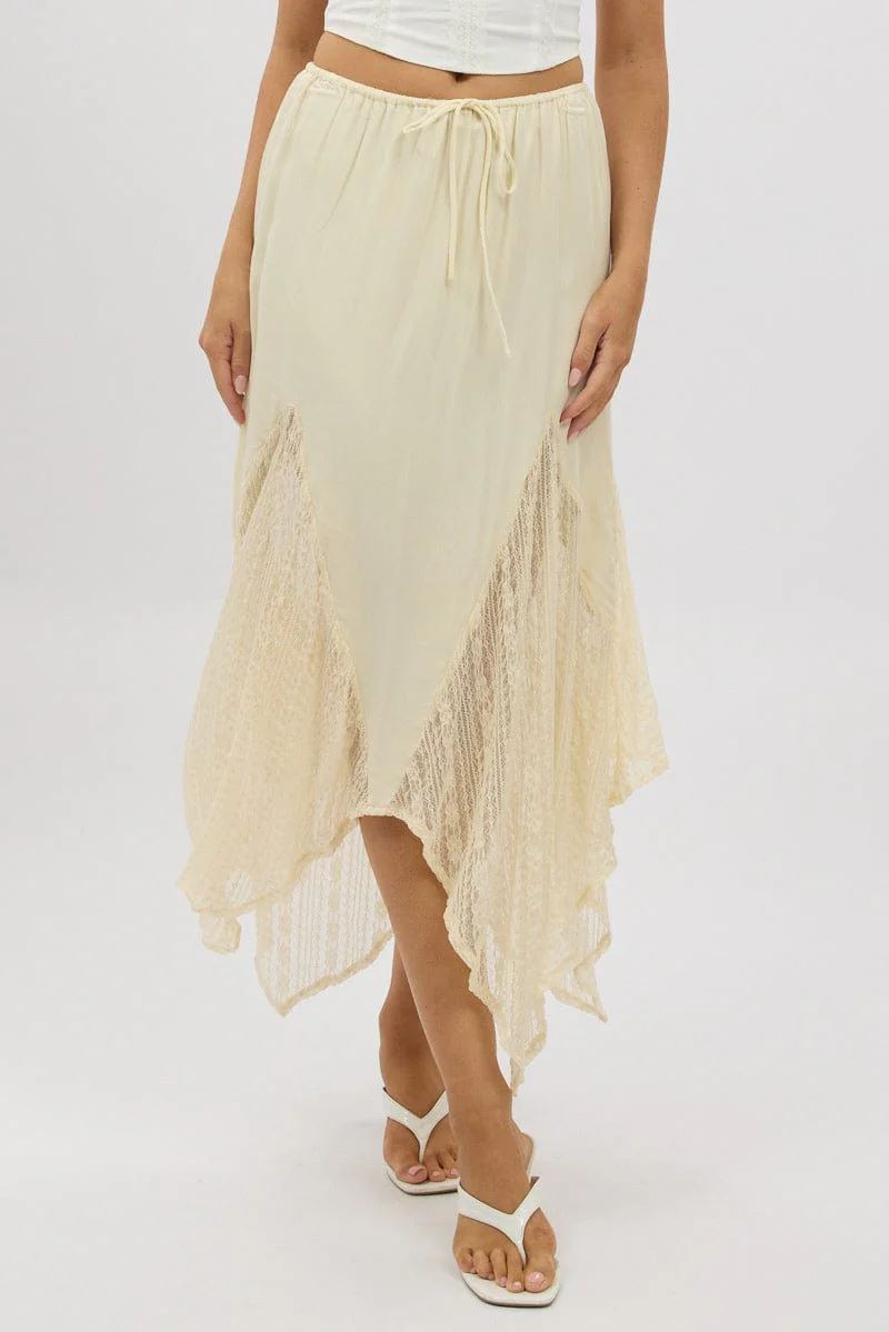 White Lace Elastic Waist Scarf Hem Maxi Skirt - Image 3