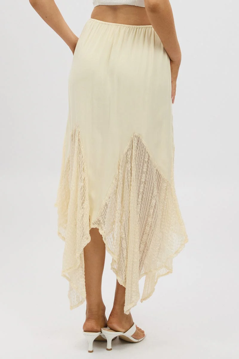 White Lace Elastic Waist Scarf Hem Maxi Skirt - Image 5