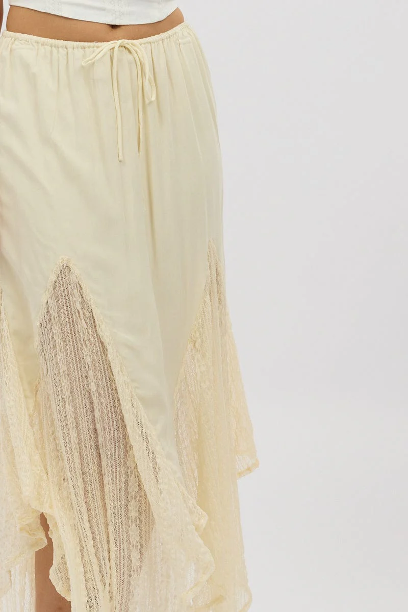 White Lace Elastic Waist Scarf Hem Maxi Skirt - Image 6