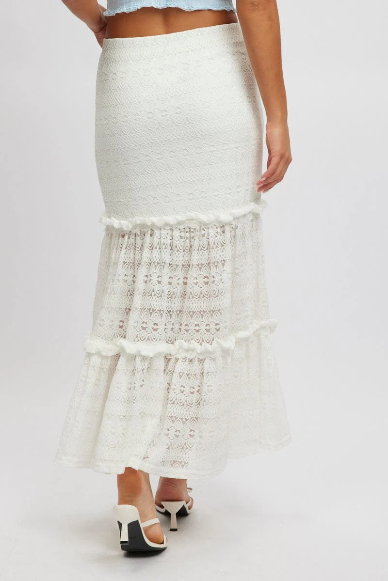 White Lace Maxi Skirt Elastic Waist Tiered Lined - Image 5