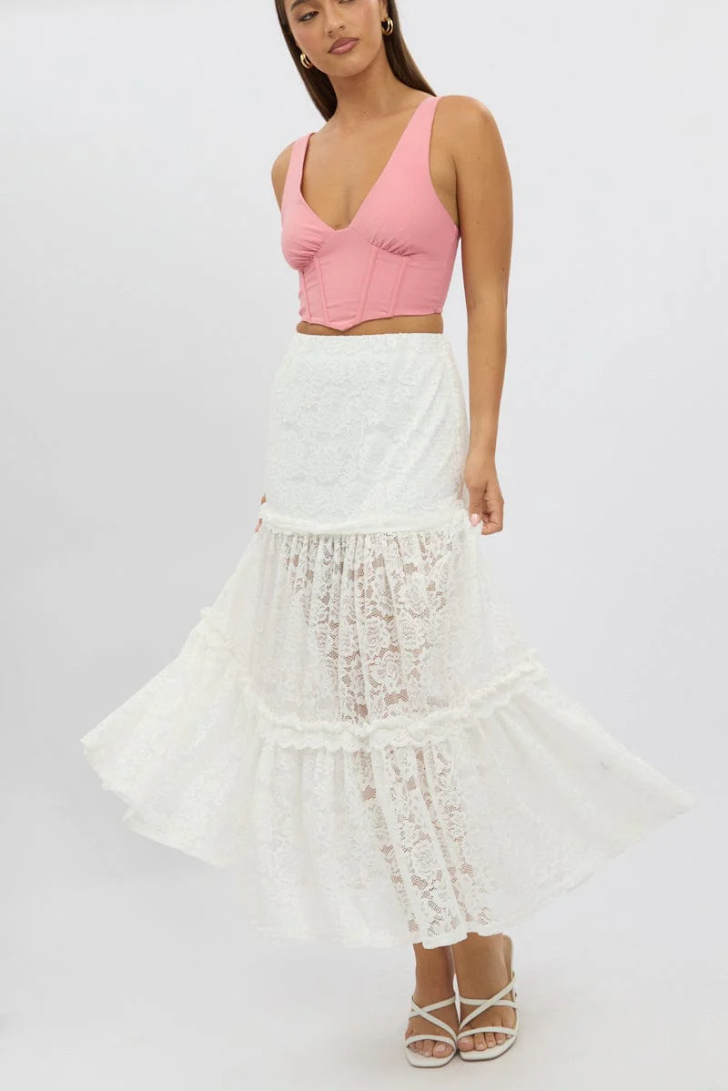 White Lace Maxi Skirt Elastic Waist Tiered Lined - Image 3