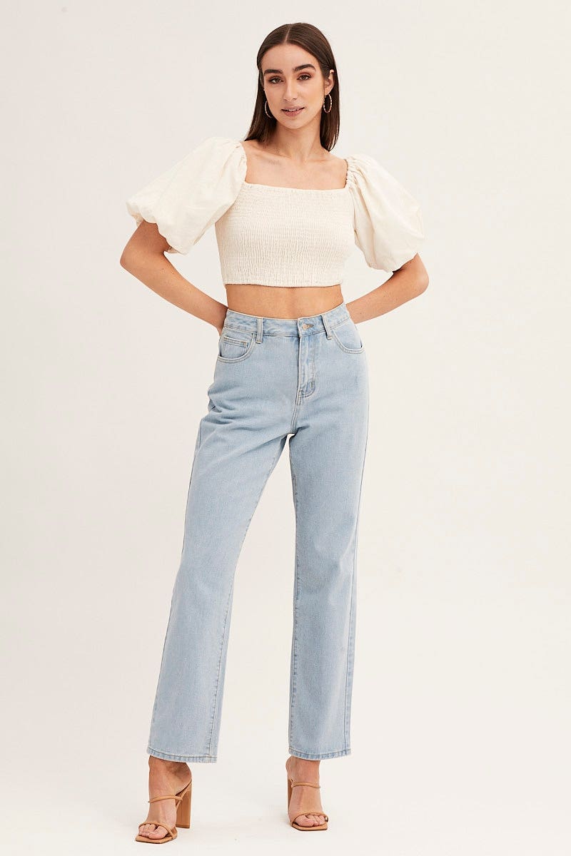 White Linen Blend Half Sleeve Shirred Cropped Top - Image 2