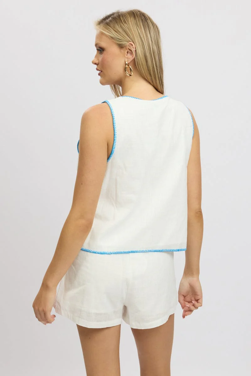 White Linen Vest Sleeveless Embroidery - Image 5