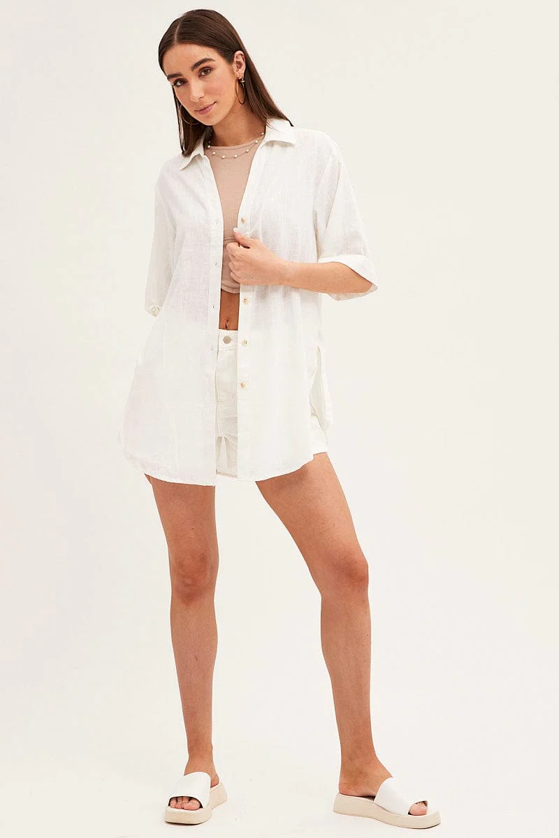 White Long Line Roll Sleeve Collared Button Front Shirt - Image 2