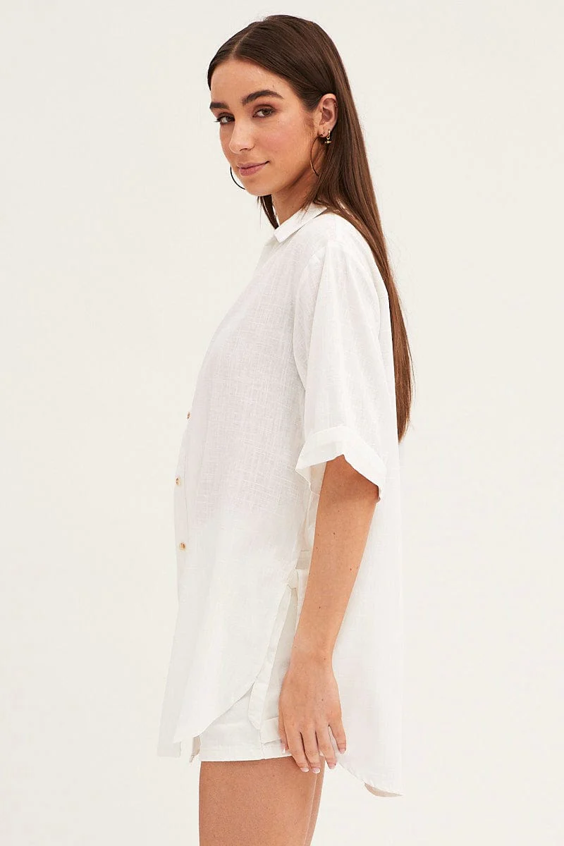 White Long Line Roll Sleeve Collared Button Front Shirt - Image 4