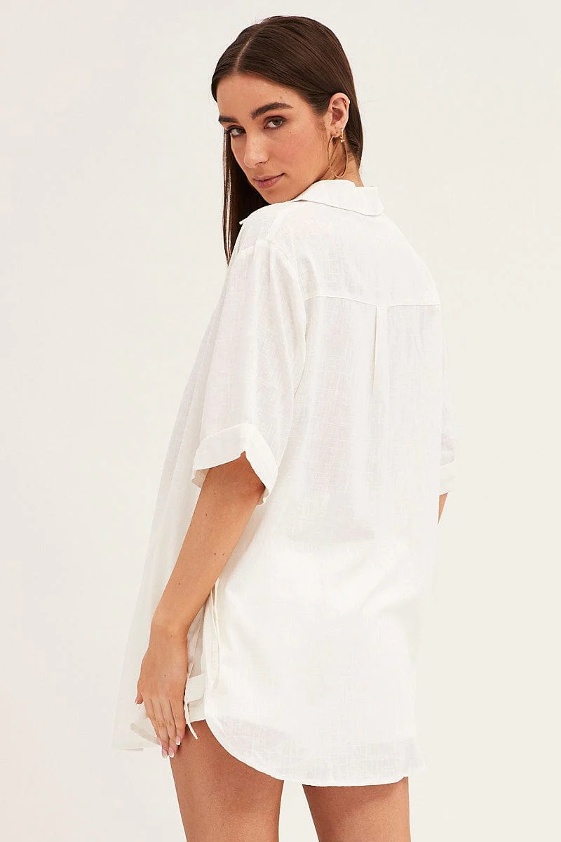 White Long Line Roll Sleeve Collared Button Front Shirt - Image 5